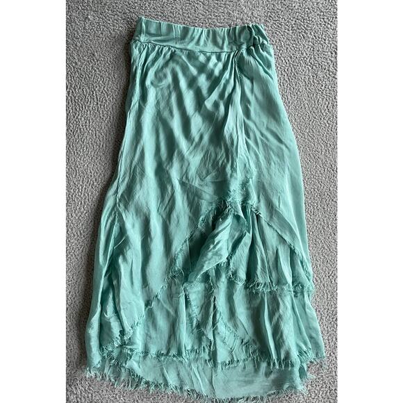 Made In Italy Midi Skirt Small Silk Raw Hem Tiered Slit Pull On Blue Beach Boho - Picture 1 of 16
